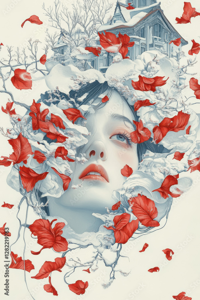 Ethereal Beauty Surrounded by Snowy Landscape and Red Petals