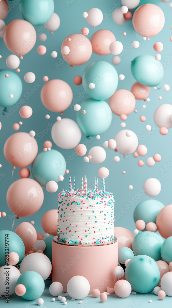 Colorful Birthday Cake Surrounded by Floating Balloons and Confetti