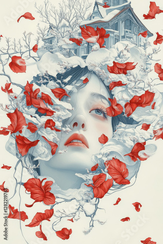 Obraz na płótnie Ethereal Beauty Surrounded by Snowy Landscape and Red Petals w salonie