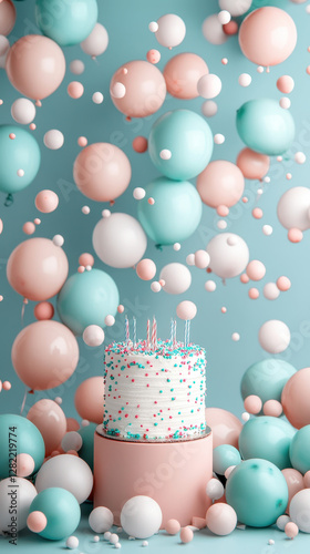 Obraz na płótnie Colorful Birthday Cake Surrounded by Floating Balloons and Confetti w salonie