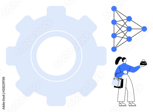 Woman with a bag holding a crystal ball and analyzing a network diagram interconnected with blue dots. Large gear prominently in the background. Ideal for AI, machine learning, data analysis