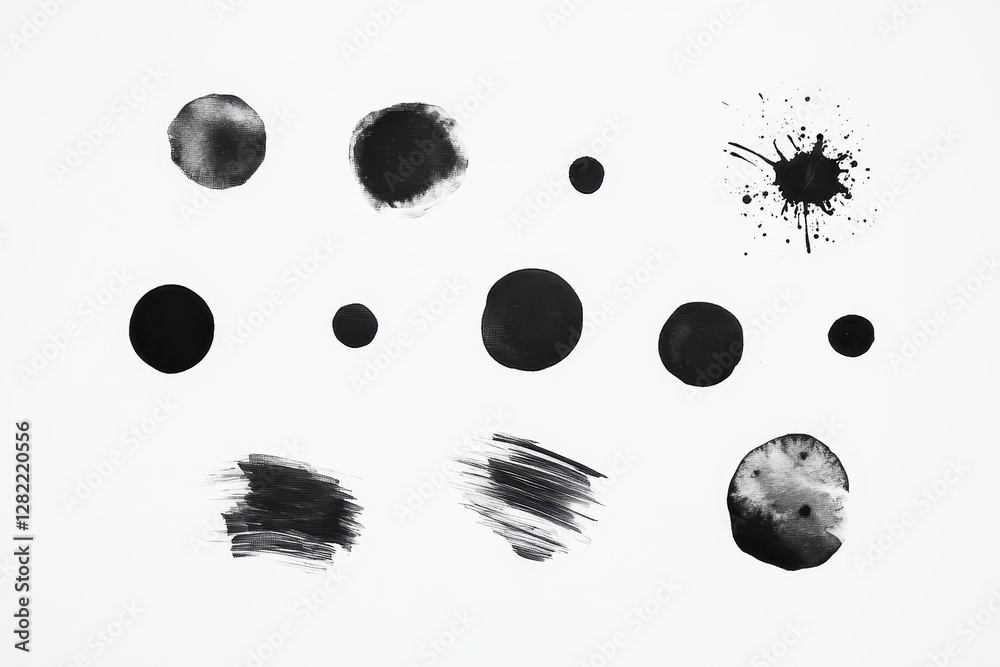 Black Ink Blots and Stains with Varying Shapes and Styles on White Background