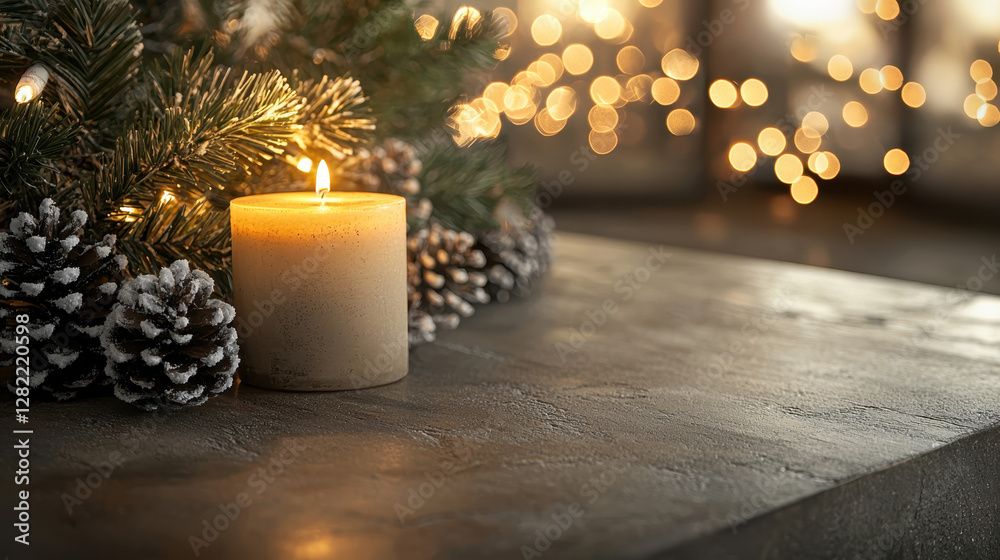 Cozy Festive Scene with Candle, Pinecones, and Warm Bokeh Lights
