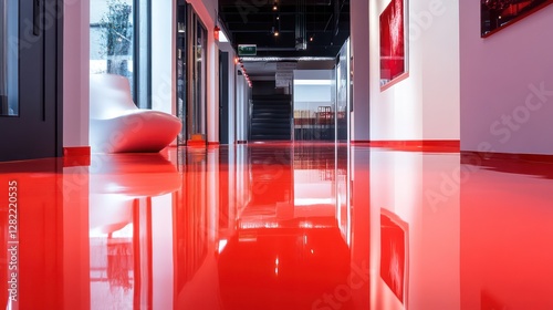 Red epoxy floor in vibrant red, high-gloss finish for striking and energetic interiors