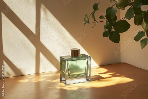 A sleek glass perfume bottle filled with green liquid sits in a sunlit corner, casting soft reflections on a warm-toned surface. photo