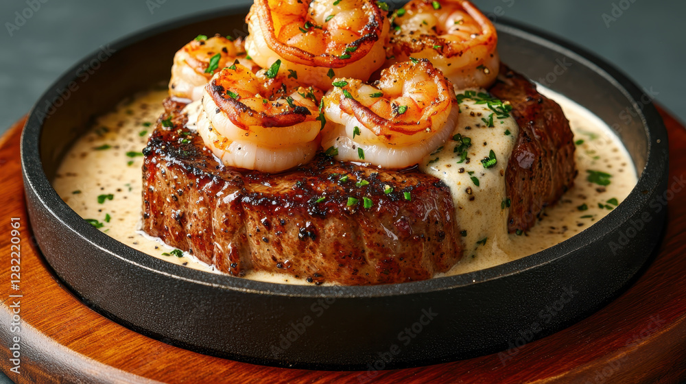 Juicy Steak Topped with Grilled Shrimp in Cream Sauce on Plate