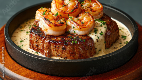 Obraz na płótnie Juicy Steak Topped with Grilled Shrimp in Cream Sauce on Plate w salonie