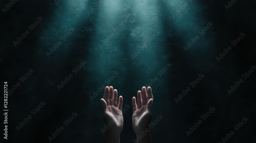 Hands Reaching Towards Light in Dark Abstract Background