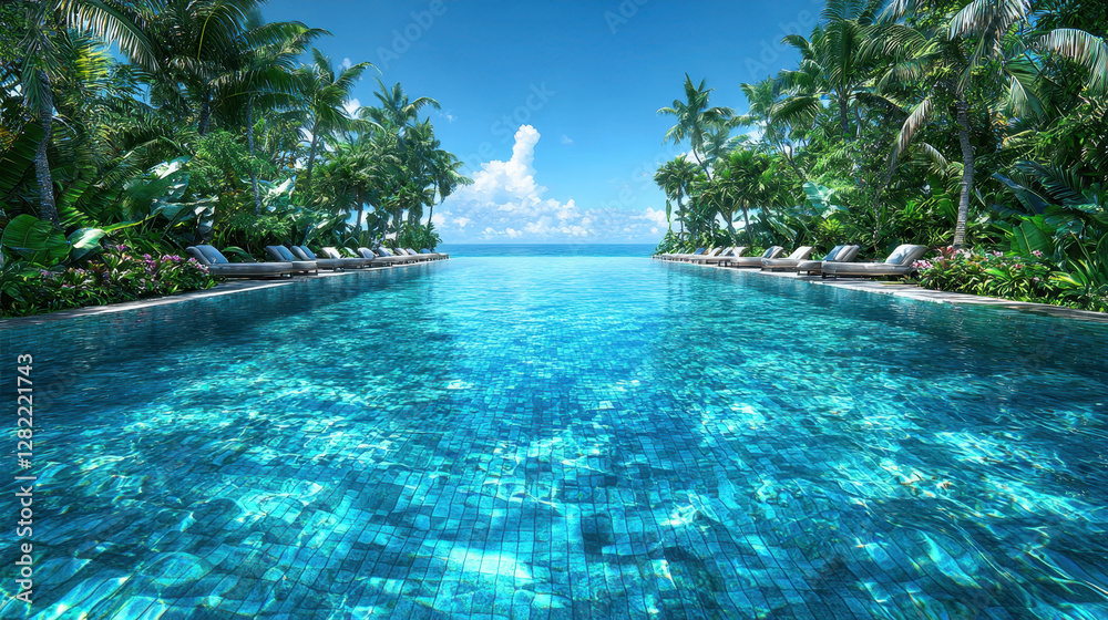 Idyllic Tropical Resort Pool with Palm Trees and Clear Blue Sky