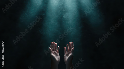 Obraz na płótnie Hands Reaching Towards Light in Dark Abstract Background w salonie