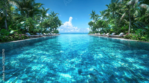 Obraz na płótnie Idyllic Tropical Resort Pool with Palm Trees and Clear Blue Sky w salonie