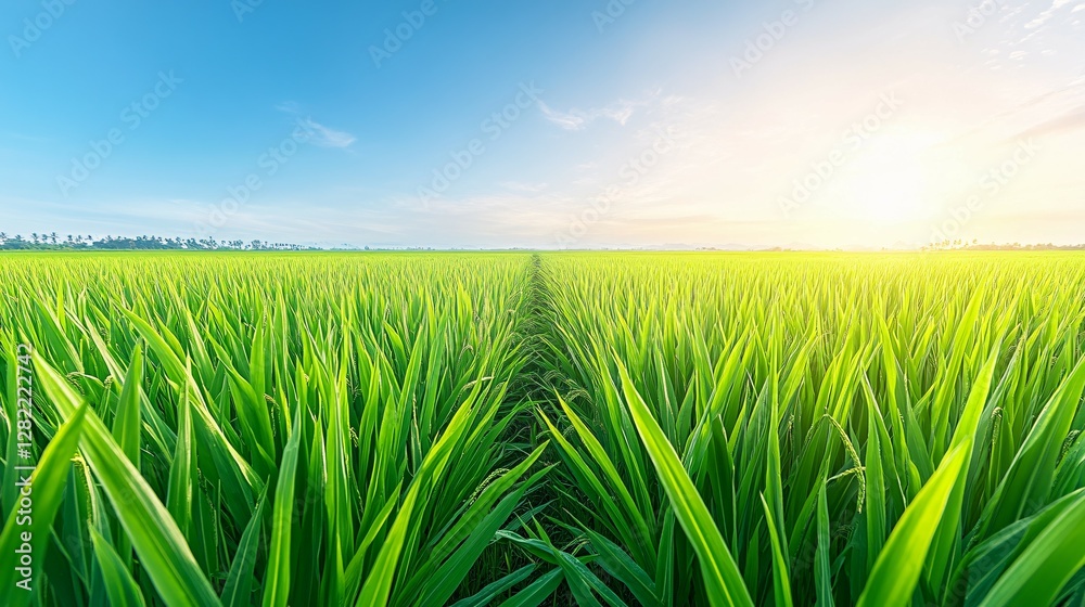 Fototapeta premium A Lush Field Of Green Crop Under The Bright Blue Sky