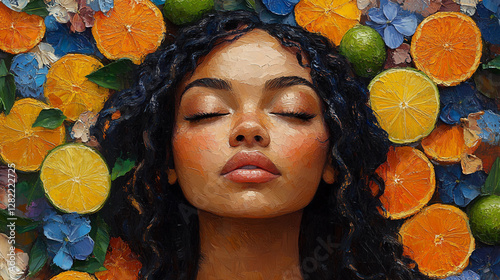 Vibrant oil painting of a woman surrounded by colorful citrus fruits including oranges and limes with expressive artistic details