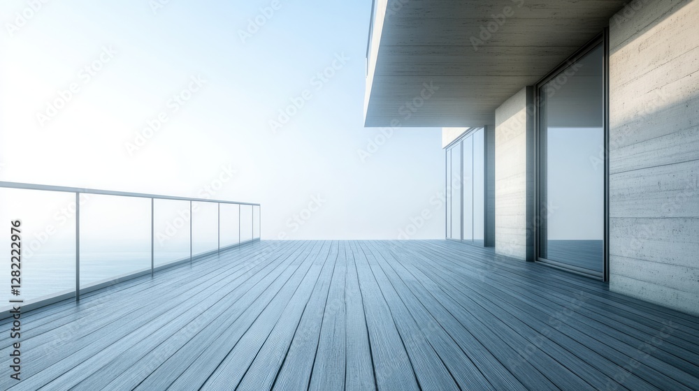 Fototapeta premium Ocean View Deck: Modern Minimalist Architecture, Concrete, Wood, Glass Railing, Blue Horizon