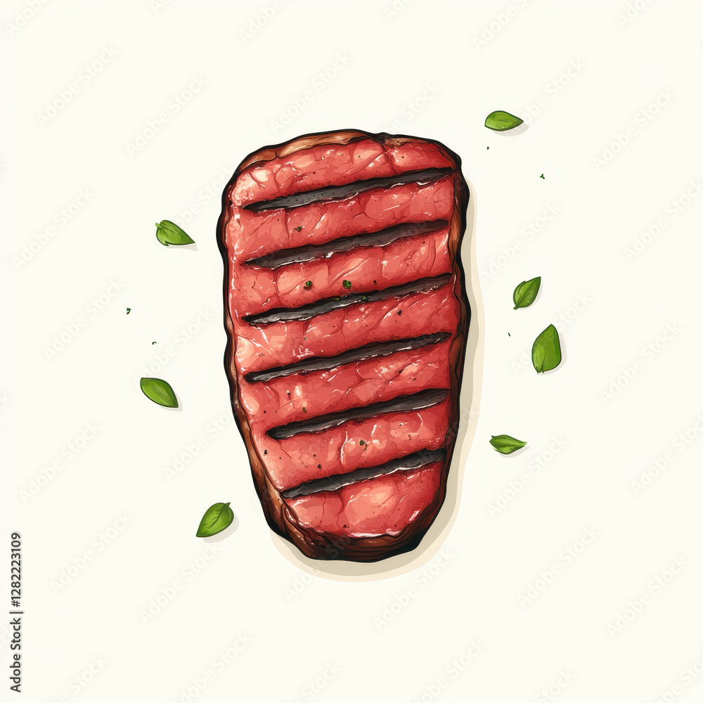 Grilled Meat Steak with Fresh Herbs on Light Background