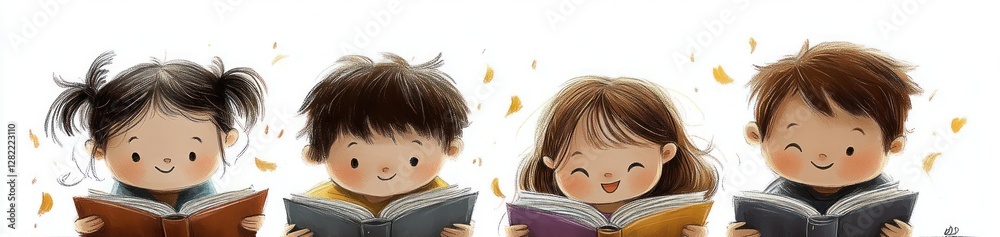 Happy Children Reading Books in a Warm Library Setting Happy Children Reading Books in a Warm Library Setting