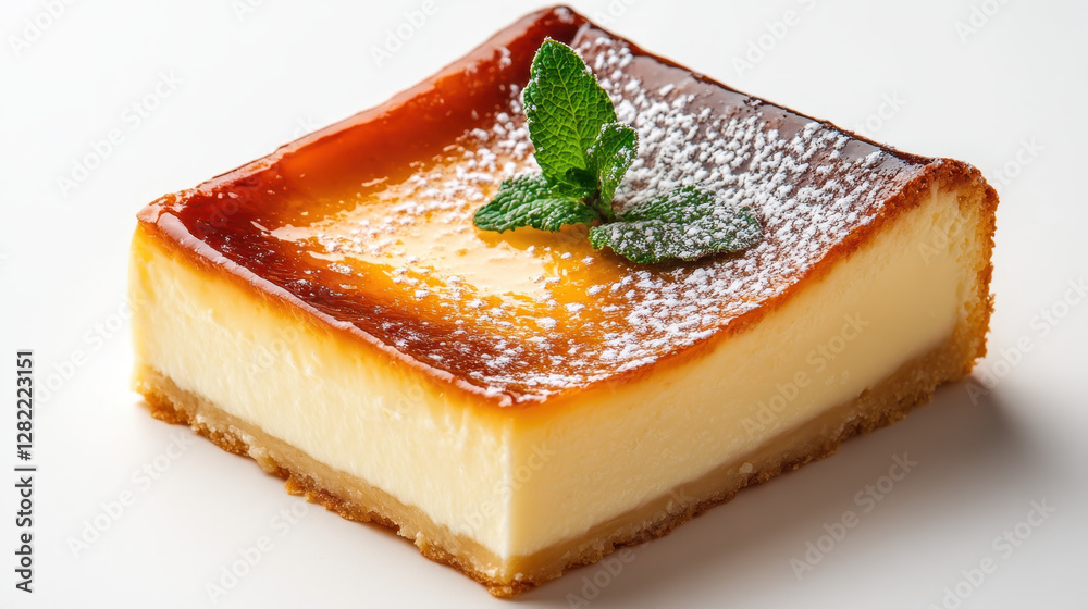 Delicious Creamy Motionless Flan Dessert with Mint Leaf Garnish