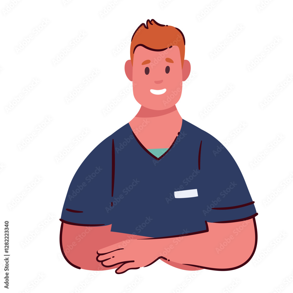 Male nurse cartoon front portrait. Funny man with folded arms, paramedic with blue uniform smiling. Guy standing in confident pose with smile, cartoon medical orderly, nurse vector illustration Male nurse cartoon front portrait. Funny man with folded arms, paramedic with blue uniform smiling. Guy standing in confident pose with smile, cartoon medical orderly, nurse vector illustration