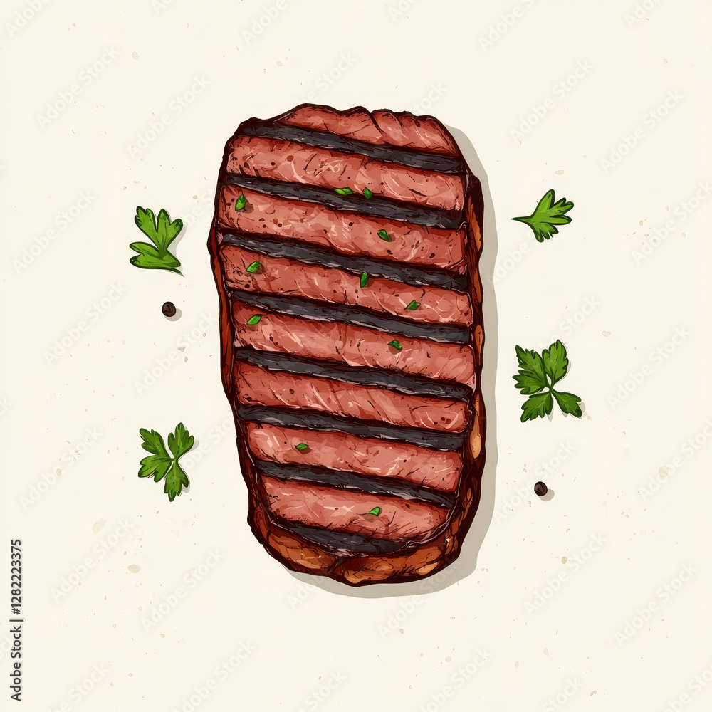 Grilled Steak with Herb Garnish on Neutral Background