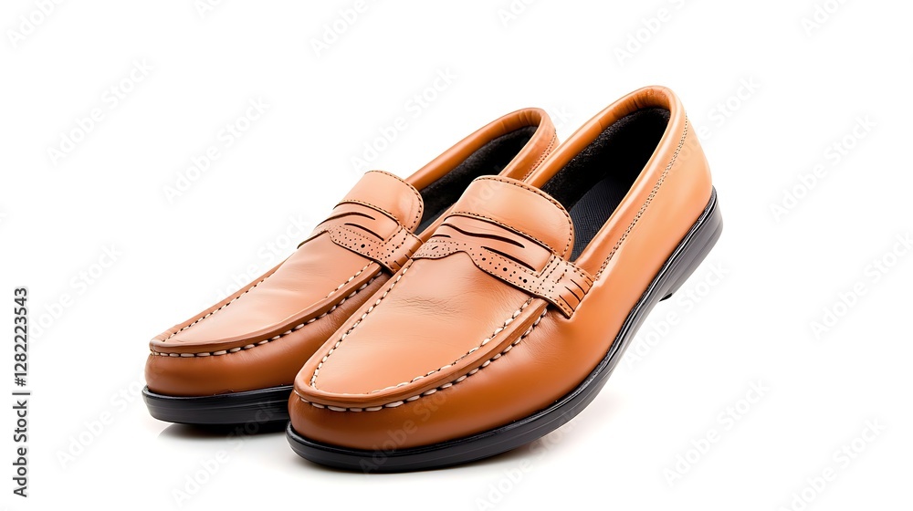 Elegant Leather Loafer Shoes Pair for Sophisticated Style Footwear on White Backdrop with Shadow Play Elegant Leather Loafer Shoes Pair for Sophisticated Style Footwear on White Backdrop with Shadow Play