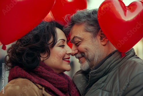 Valentine's day, affectionate couple: dazzling noticeable image of loving middle eastern midlife lovers. Commercial ad campaign concept art layout. Sign of love and affection. Love branding.