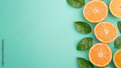 Obraz na płótnie Fresh Orange Slices with Green Leaves on a Turquoise Background w salonie