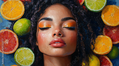 Vibrant oil painting of a woman surrounded by colorful citrus fruits including oranges and limes with expressive artistic details