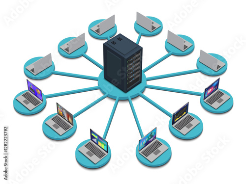 Lan network 3D diagram for business and technology concept. WAN of computer networking vector.