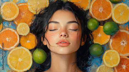 Vibrant oil painting of a woman surrounded by colorful citrus fruits including oranges and limes with expressive artistic details