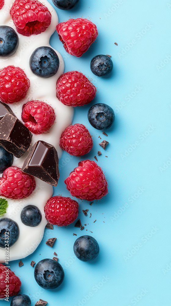 Fresh Berries and Chocolate on Creamy Yogurt Against Blue Background