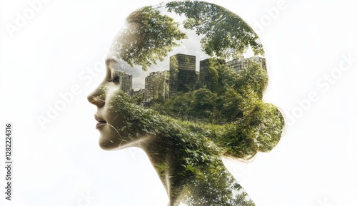 Double Exposure of Woman's Face with Urban and Nature Blend
