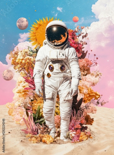 Astronaut Surrounded by Colorful Flowers and Cosmic Background