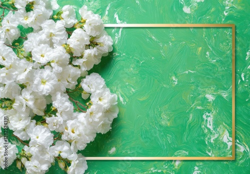 White Blossoms on Green Abstract Background with Gold Frame Accent