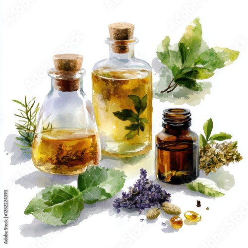 Aromatic Herbal Oil Bottles with Fresh Green Botanicals Display