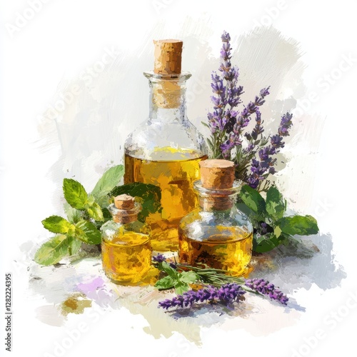 Herbal Oils in Glass Bottles with Fresh Green Leaves and Flowers