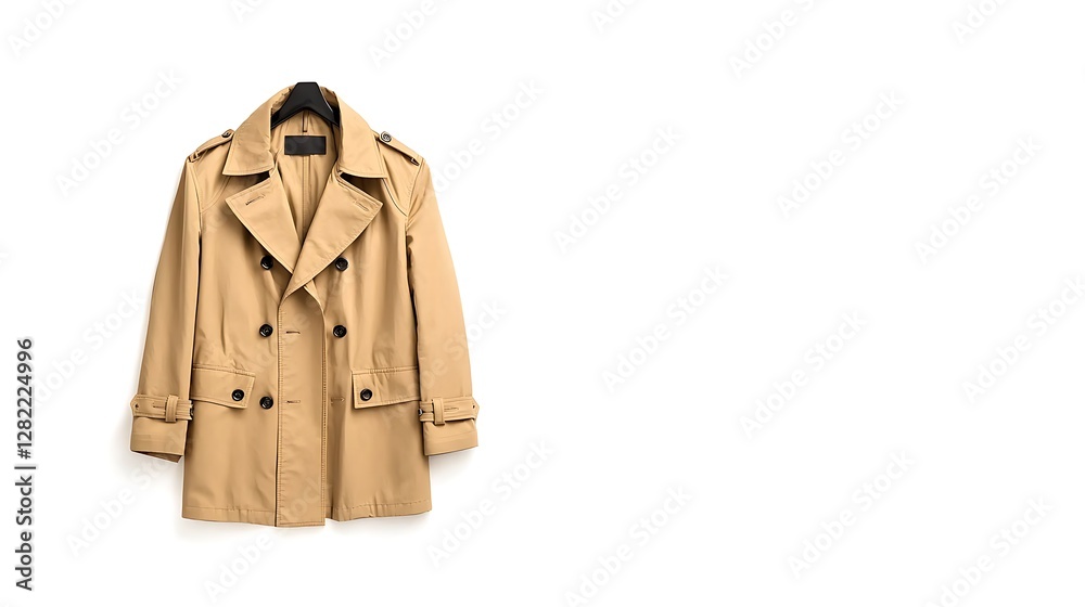 Naklejka premium Elegant Trench Coat Displayed on Hanger Ready to Wear Fashionable Apparel Clothes Stylish Outerwear Wardrobe Attire
