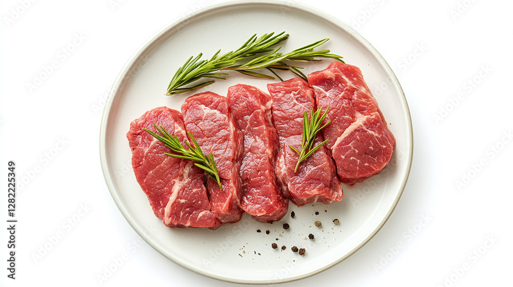 Top view of delicious pork tenderloin on a plate isolated on white background.