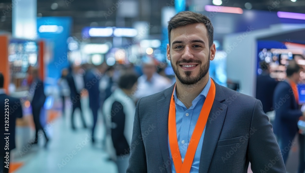 Confident man in suit smiles at tech expo, networking with attendees