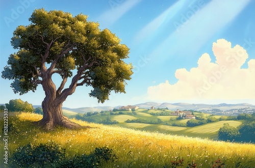 Cartoon Landscape with Gnarled Tree and Sunlit Hills in Andalusian Countryside