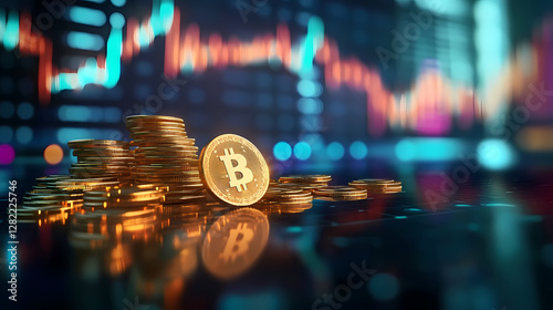 Bitcoin Wealth Display with Rising Market Data Background