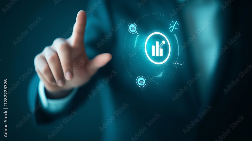 A businessman touching a futuristic digital interface with finance and technology icons, symbolizing innovation, data analytics, and automation. A businessman touching a futuristic digital interface with finance and technology icons, symbolizing innovation, data analytics, and automation.
