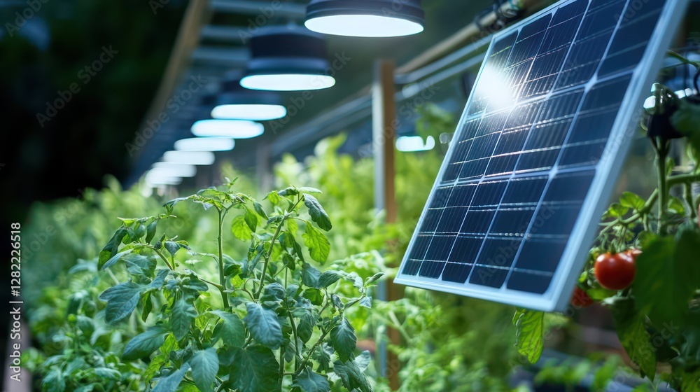 Fototapeta premium Solar panels power greenhouse lights, nurturing tomatoes and herbs under controlled conditions, ensuring sustainable growth with clean energy.