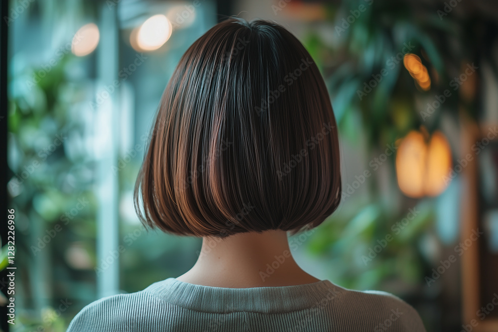 the back of a Japanese woman with ash brown bob hair.