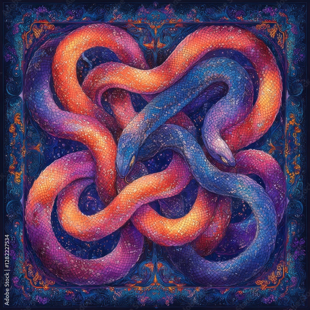 Obraz premium Intertwined Snakes and Chains Pattern Design in Art Nouveau Style with Ethereal Glow and Symmetrical Composition
