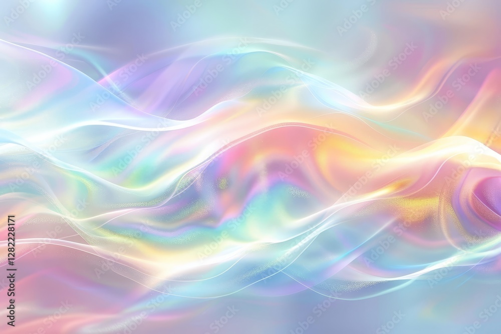 Obraz premium Bright, flowing waves shimmer in iridescent hues, swirling with rainbow colors in a whimsical holographic world full of magic and wonder