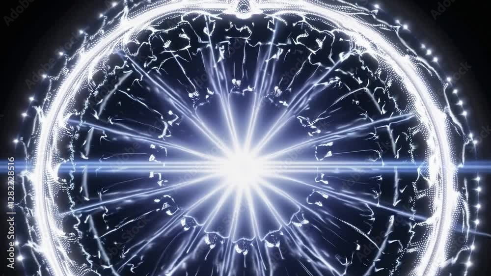 Abstract digital art depicting a bright center emitting light beams and particles inside a circle on a black background, creating a sense of energy and movement