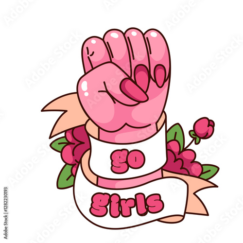 Groovy raised cartoon fist, Go Girls slogan. Funny retro pink hand with inspiration text on ribbon and roses. Feminism, girls power mascot, cartoon girly sticker of 70s 80s style vector illustration