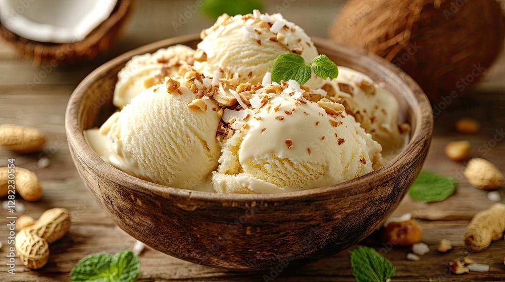 A rustic setting featuring a bowl of coconut milk ice cream with a drizzle of condensed milk, roasted peanuts, and fresh coconut flakes A rustic setting featuring a bowl of coconut milk ice cream with a drizzle of condensed milk, roasted peanuts, and fresh coconut flakes