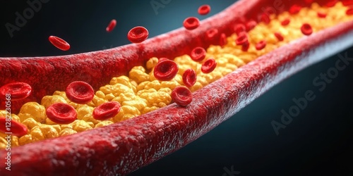 Blood Flow in Artery with Cholesterol Deposits Red Blood Cells Medical Illustration photo