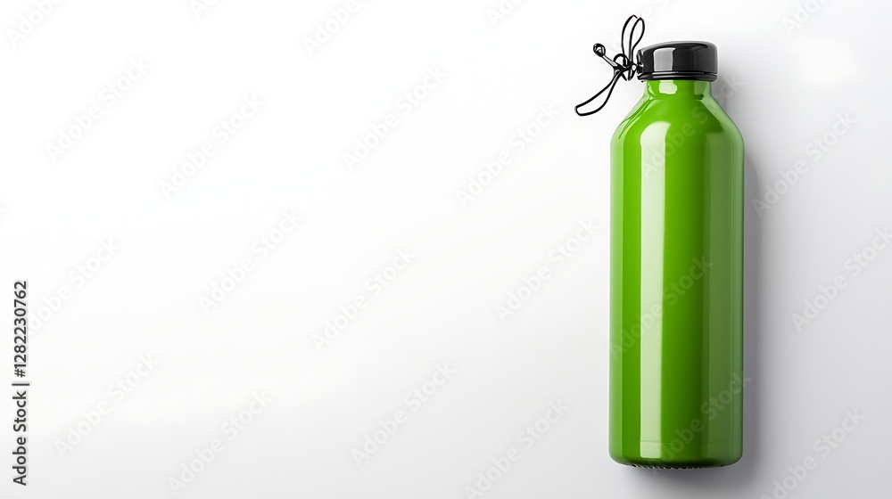 Obraz premium Green Bottle with Black Cap Mockup on White Backdrop for Product Presentation and Design Templates
